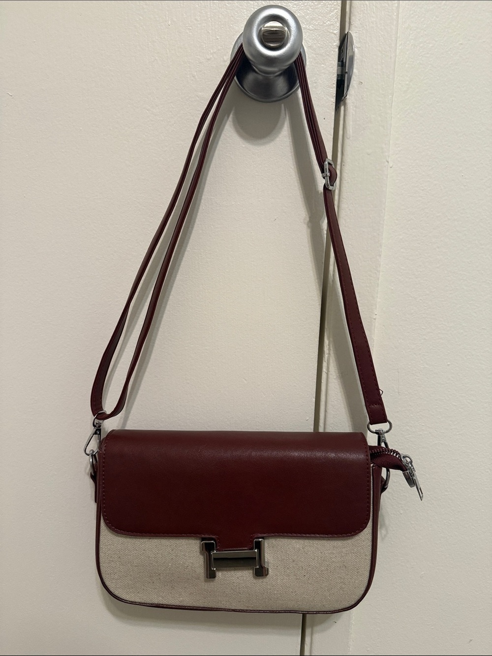 Women's Burgundy and Canvas Crossbody Bag - Classic Everyday Style